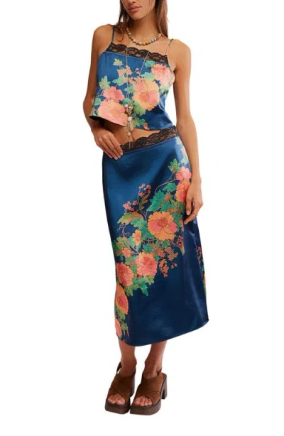 Free People Salvatore Floral Lace Trim Camisole & Midi Skirt Set In Blue
