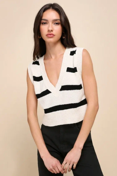 Free People Santa Monica Black And White Striped Knit Sweater Vest Top In Multi