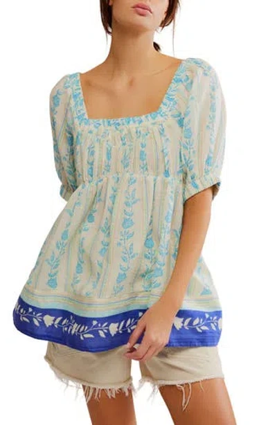 FREE PEOPLE FREE PEOPLE SANTORINI PRINT EMBROIDERED PUFF SLEEVE TUNIC TOP