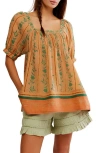Free People Santorini Print Embroidered Puff Sleeve Tunic Top In Brioche Combo