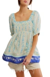 Free People Santorini Print Embroidered Puff Sleeve Tunic Top In Ivory Sail Combo
