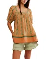 Free People Santorini Print Embroidered Puff Sleeve Tunic Top In Brown