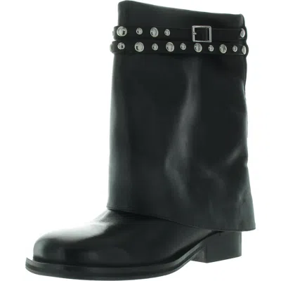 Free People Scorpio Studded Foldover Womens Fold-over Leather Mid-calf Boots In Black