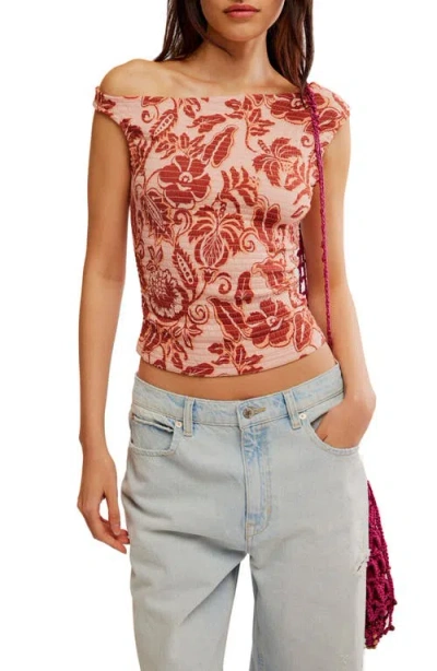 Free People Shea Floral Smocked One-shoulder Top In Apricot Combo