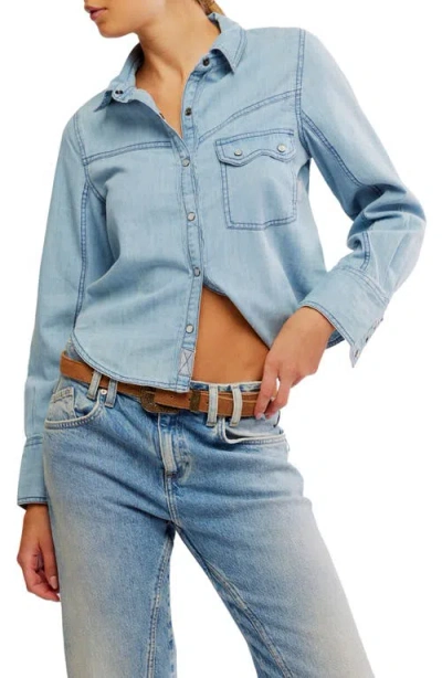 Free People Shrunken Cotton Denim Shirt In Light Wash Faded