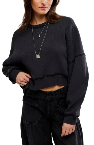 Free People Skyline Waffle Long Sleeve T-shirt In Black