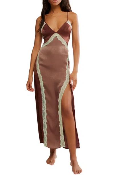 Free People Some Kind Of Love Lace Trim Open Back Nightgown In Brown