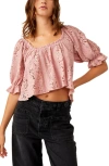 Free People Stacey Puff Sleeve Lace Top In Blush Tint