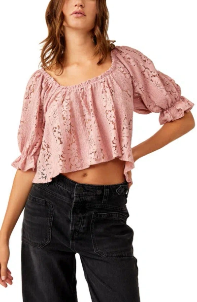 Free People Stacey Puff Sleeve Lace Top In Blush Tint