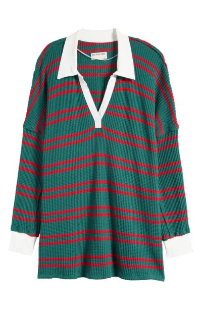 Free People Stripe Long Sleeve Stretch Cotton Waffle Knit Tunic Top In Forest Combo