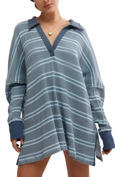 Free People Stripe Long Sleeve Stretch Cotton Waffle Knit Tunic Top In Heather Grey Combo