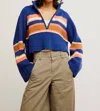 FREE PEOPLE STRIPED GRETA HALF ZIP SWEATER IN INDIGO PURA COMBO