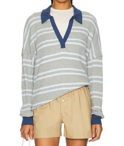 Free People Striped Travis Polo Top In Grey Combo
