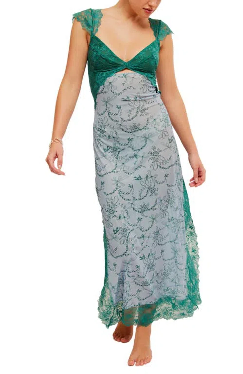 Free People Suddenly Fine Floral Print Cutout Lace Trim Nightgown In Blue  Ribbon | ModeSens