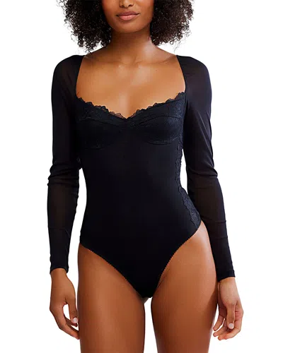 Free People Suddenly Fine Lace Trim Bodysuit In Black