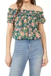 Free People Suki Top Women's Green Floral Smocked Off The Shoulder Jdm864 In Green