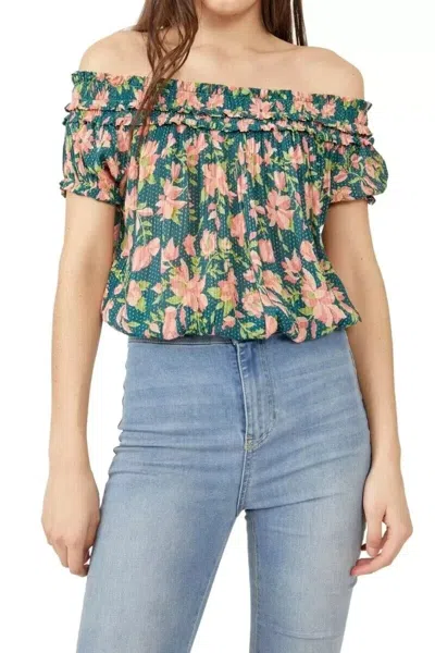 Free People Suki Top Women's Green Floral Smocked Off The Shoulder Jdm864