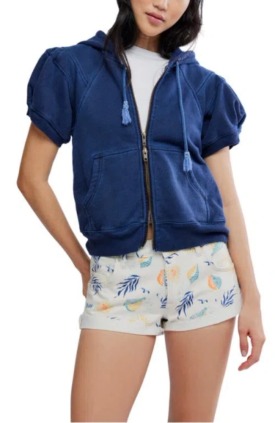 Free People Summer Puff Sleeve Zip-up Sweater In Blue