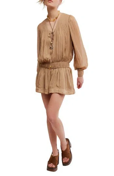 Free People Sunbeam Long Sleeve Cotton Blend Minidress In Brown
