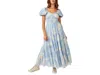 Free People Sundrenched Dress Womens Large Blue Floral Tiered Puff Sleeve Erk681