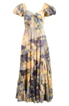 Free People Sundrenched Floral Tiered Maxi Sundress In Blue Border Print