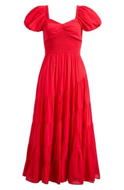 Free People Sundrenched Smocked Puff Sleeve Maxi Dress In Red