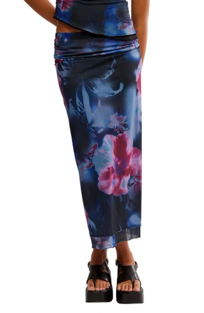 Free People Sunset Floral-print Chiffon Midi Skirt In Blue