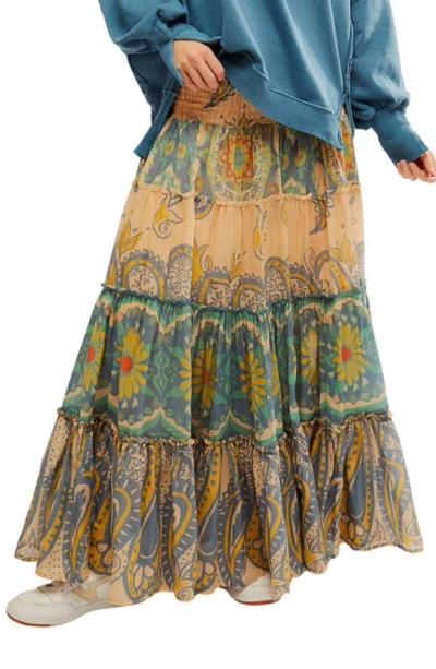 Free People Super Thrills Print Tiered Maxi Skirt In Blue Sky Combo