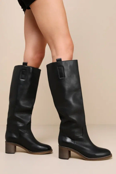 Free People Tabby Black Leather Slip-on Knee-high Boots