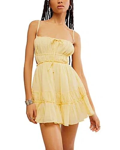 Free People Taking Sides Shirred Tiered Cotton Minidress In Mellow Yellow
