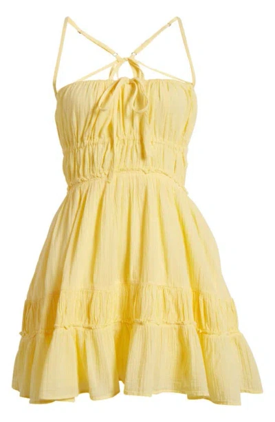 Free People Taking Sides Shirred Tiered Cotton Minidress In Mellow Yellow