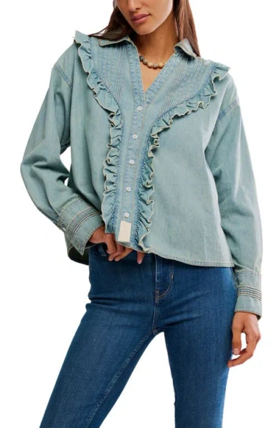 Free People Tattered And Ruffled Chambray Top In Blue