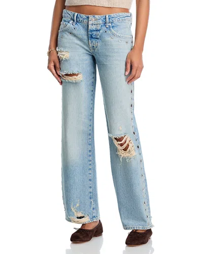 Free People Tennessee Studded Distressed Low Rise Boyfriend Fit Jeans In Destroy In Blue
