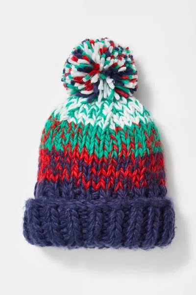 Free People Tide Stripe Knit Pom Beanie In Navy In Blue
