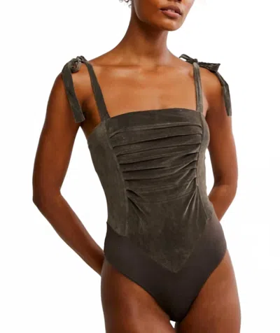 Free People Tie Shoulder Sleeveless Textured Bodysuit In Grey In Brown