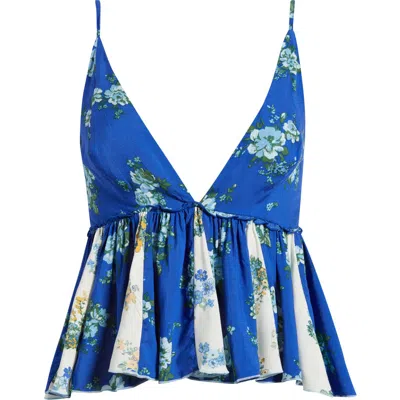 Free People Tillie Floral Plunge Neck Babydoll Top In Blue