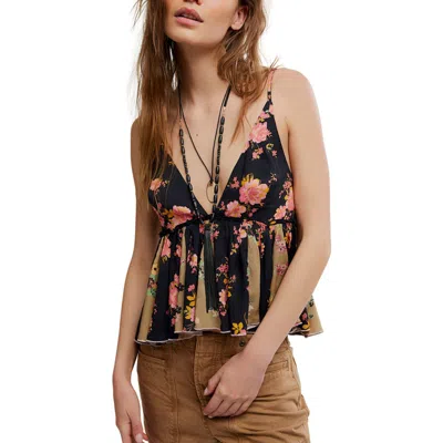 Free People Tillie Floral Plunge Neck Babydoll Top In Gray