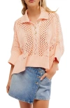 Free People To The Point Open Stitch Polo Sweater In Coral