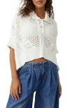 Free People To The Point Open Stitch Polo Sweater In Optic White
