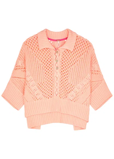 Free People To The Point Pointelle-knit Polo Top In Coral