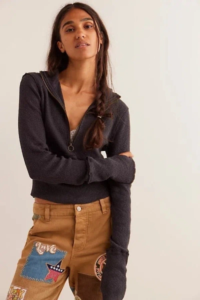 Free People Top Women's Black Midnight Mock Neck Long Sleeve Zip Buu1261