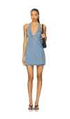Free People Trevi Denim Plunge Halter Mini Dress In Blue
