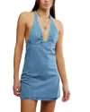 Free People Trevi Denim Plunge Halter Mini Dress In Blue