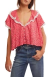Free People Truly Yours Print Collar Crop Shirt In Vintage Red Combo