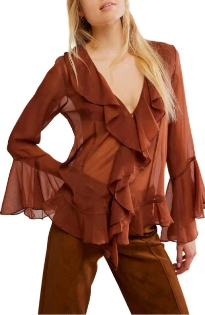 Free People Tulula Ruffle Chiffon Top In Brown