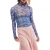 Free People Under It All Ruched Mesh Turtleneck Bodysuit In Bluebell Combo