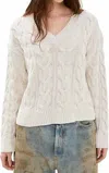 Free People V-neck Cable Sweater In Optic White In White