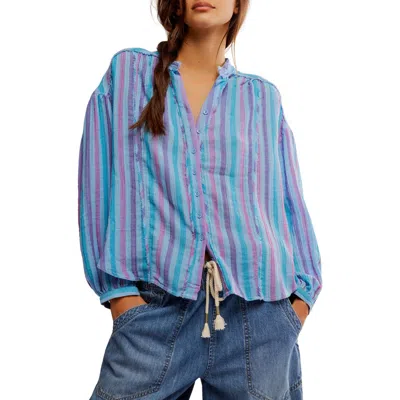 Free People Valley Stripe Double Cloth Button-up Shirt In Blue Combo