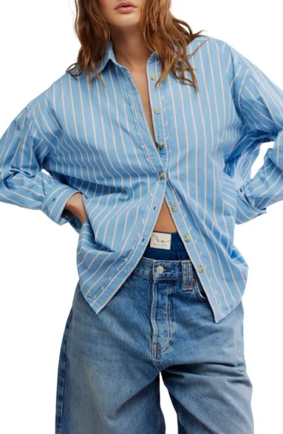 Free People Varsity Vibes Stripe Oversize Cotton Button-up Shirt In Blue