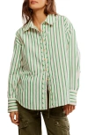 Free People Varsity Vibes Stripe Oversize Cotton Button-up Shirt In Green